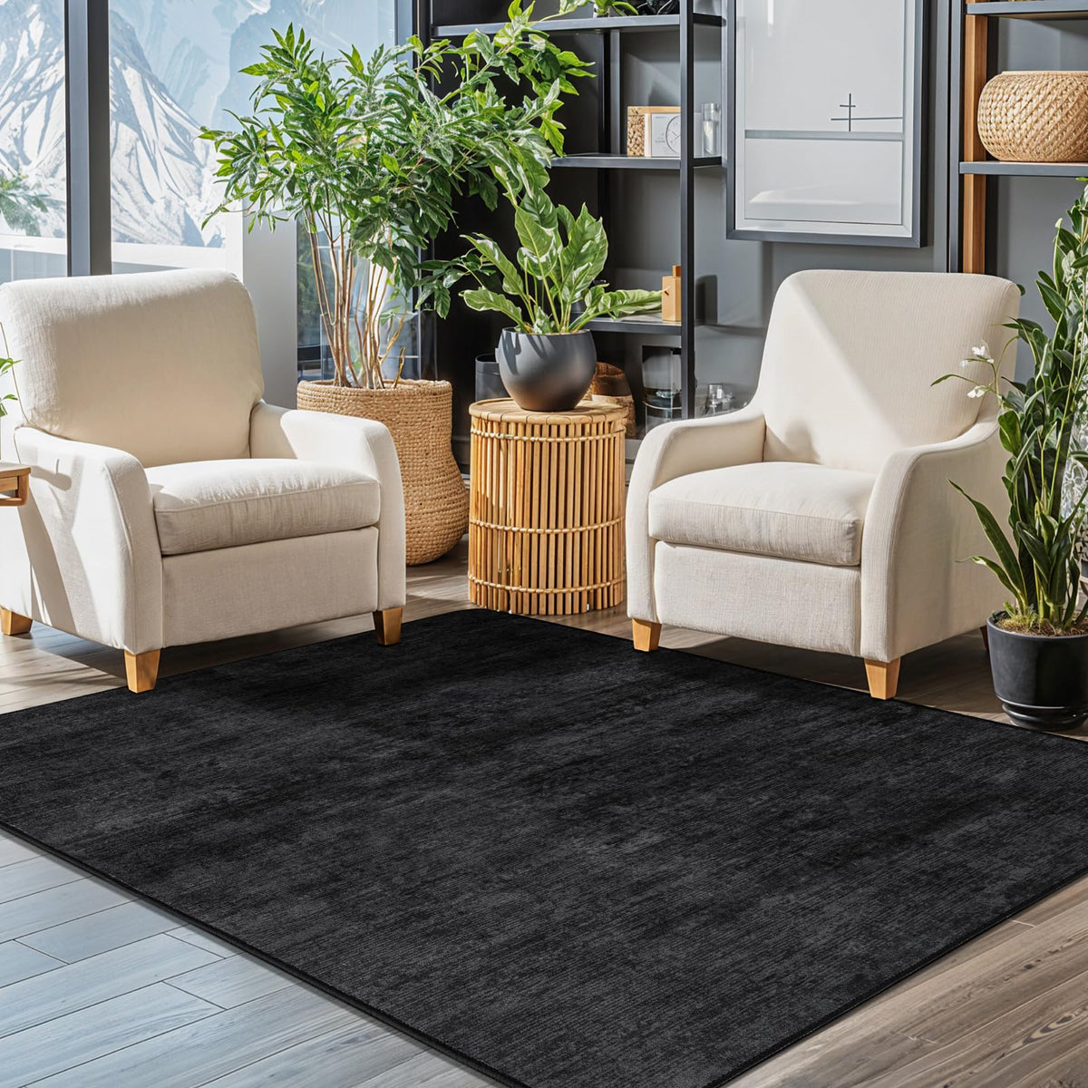 8x10 Washable Area Rug, Black Solid Area Rugs for Living Room & Bedroom