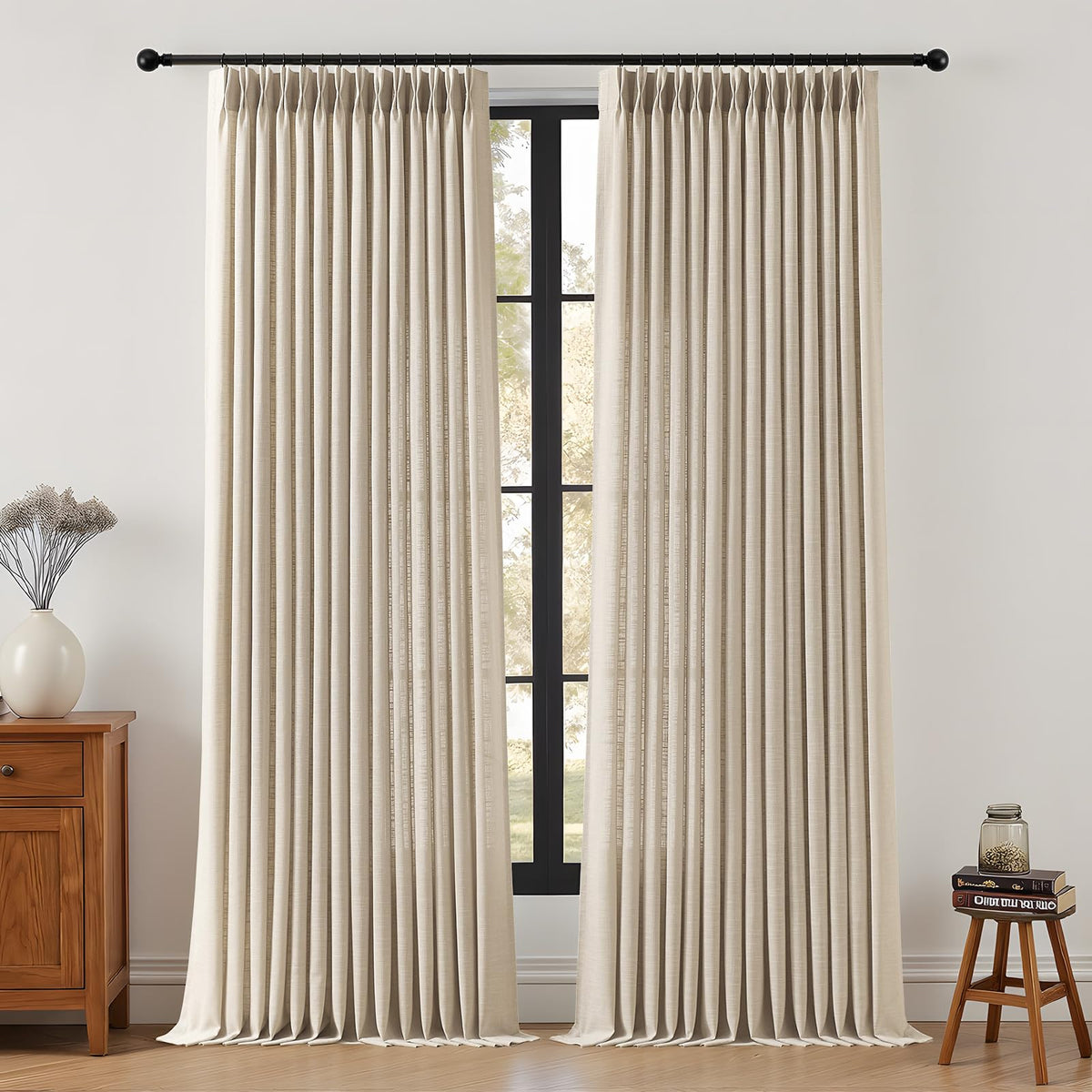 Pinch Pleated Linen Curtains 96 Inches Semi Sheer Light Filtering, 2 Panels
