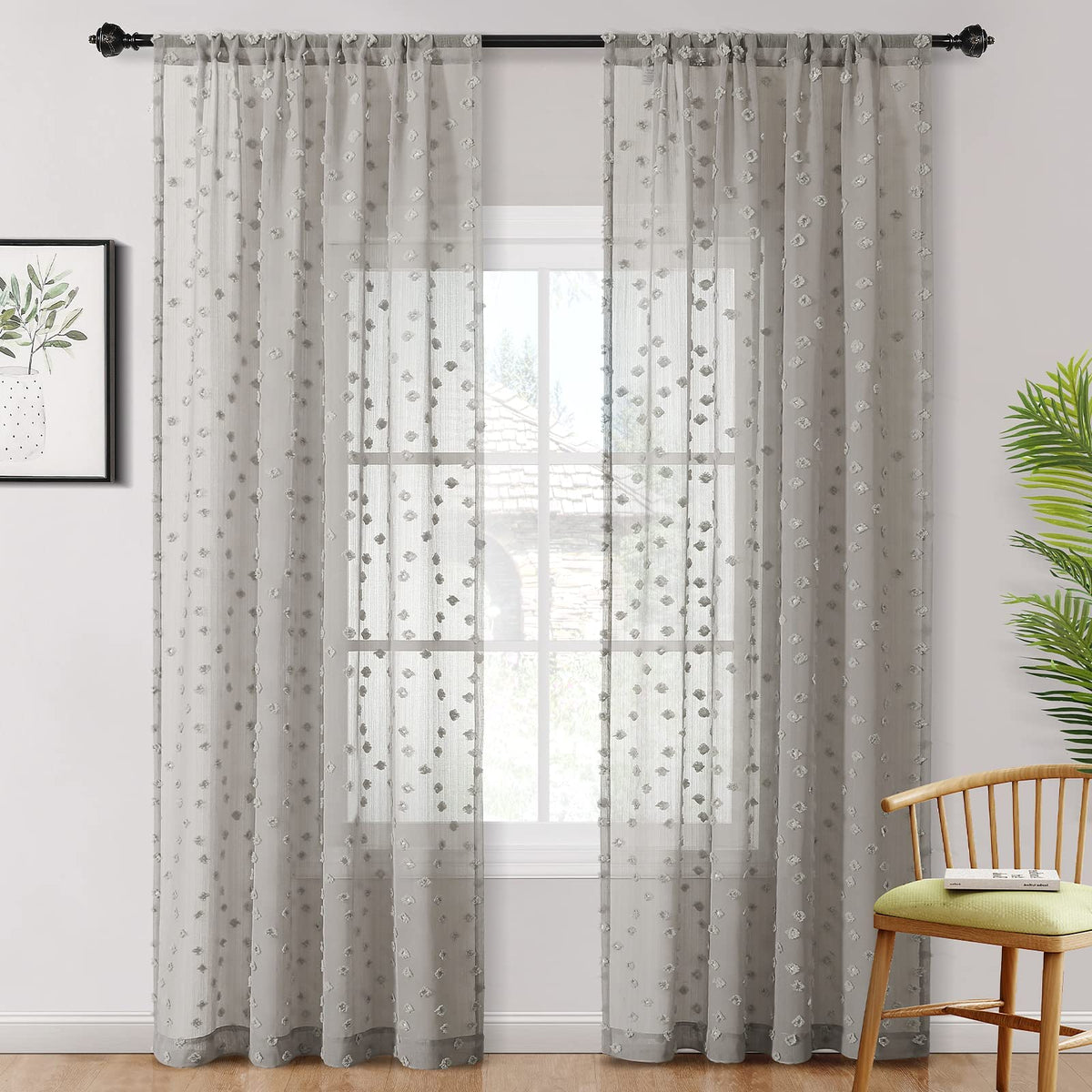 MYSKY HOME Beige Boho Sheer Curtains with Cream Pom Pom 50Wx84L,2 Panels