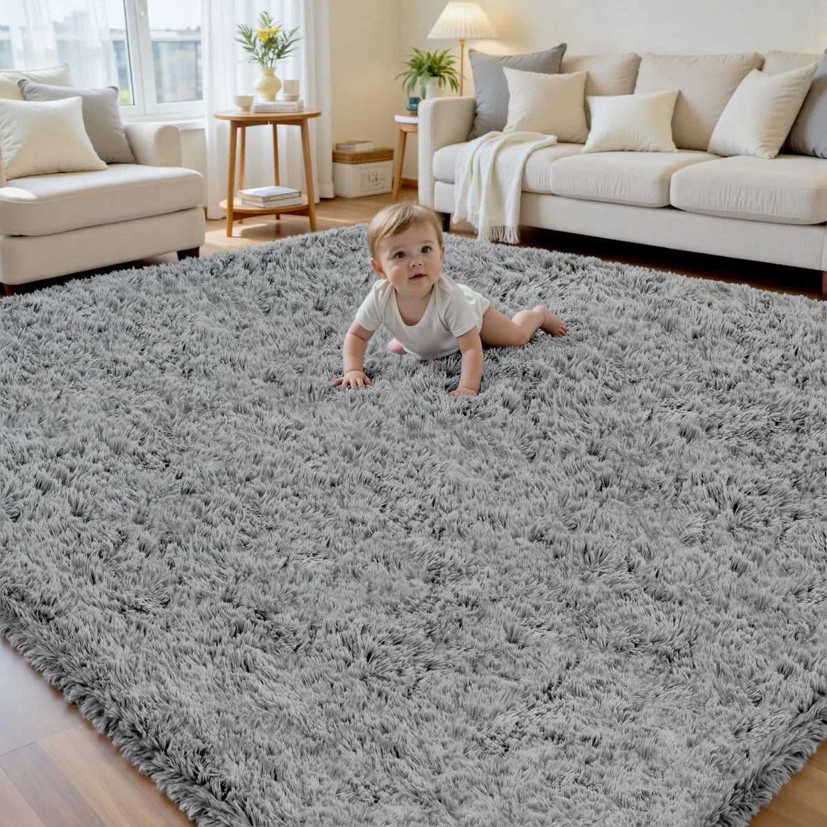 6x9 Black Fluffy Fuzzy Shag Area Rug for Living Room, Bedroom, Dorm Carpet
