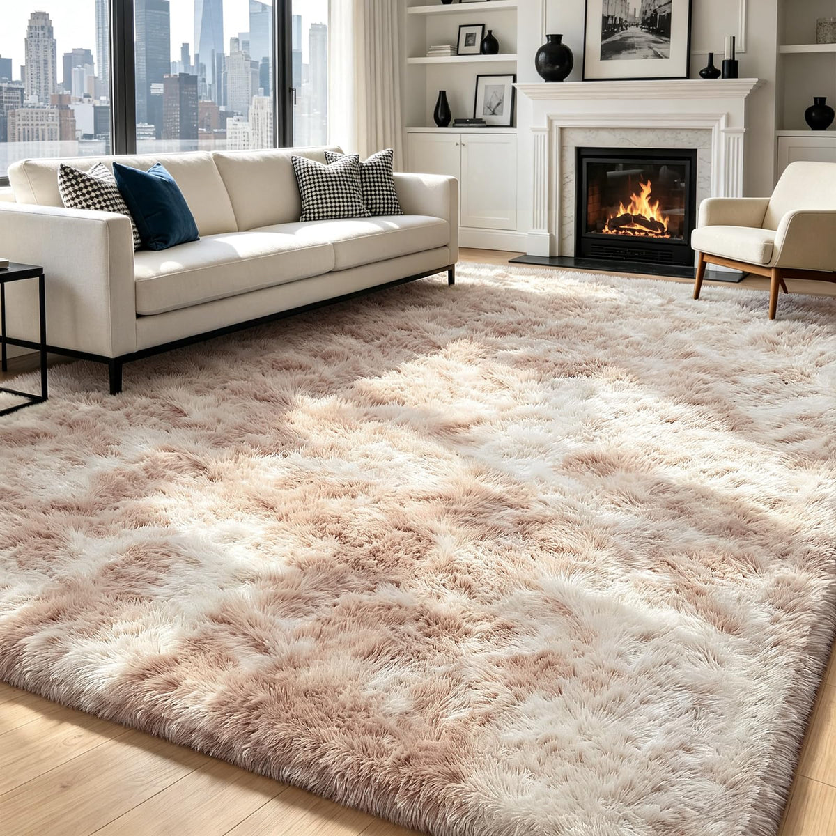 Beige 8x10 Area Rugs for Living Room, Fluffy Shag Rug Large Bedroom Carpet