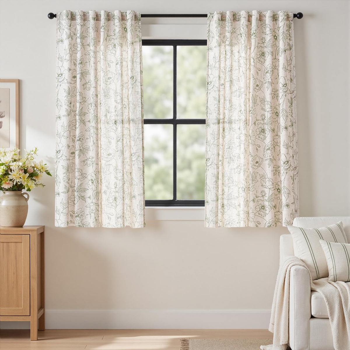 jinchan Taupe Floral Linen Curtains 84 Inch Farmhouse Back Tab 2 Panels