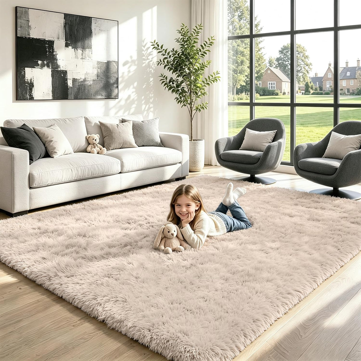 8x10 Black Area Rug for Living Room Bedroom, Soft Fluffy Fuzzy Fur Shag Rug