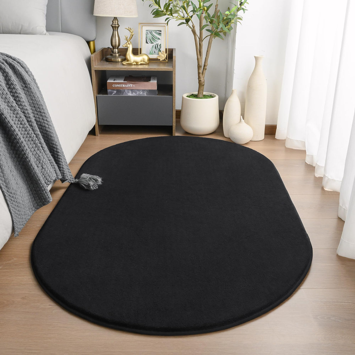 Amearea Soft Oval Rugs for Bedroom, 2.6 x 5.3 Black Bedroom Bedside Rug