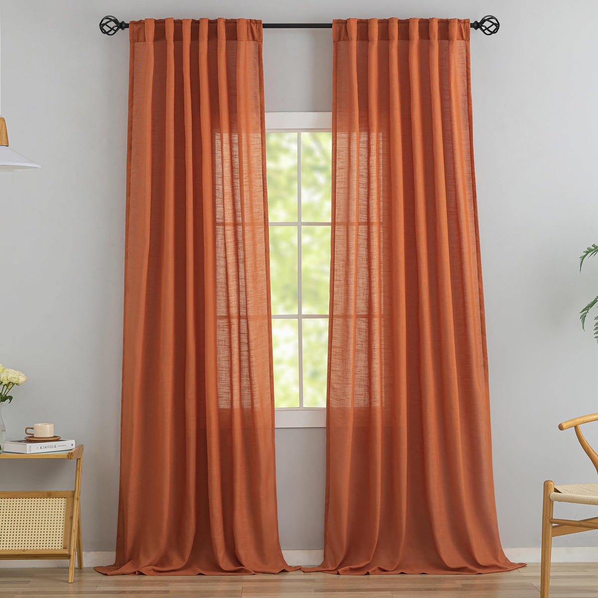 Natural Linen 144 Inch Length Curtains for Tall Floor Ceiling Villa Living Room -Cream Ivory Bak Tab Hooks Pleated Easy Open Sliding Semi Sheer 144 inch Extra Long 2 Story Window Curtains,12 Foot