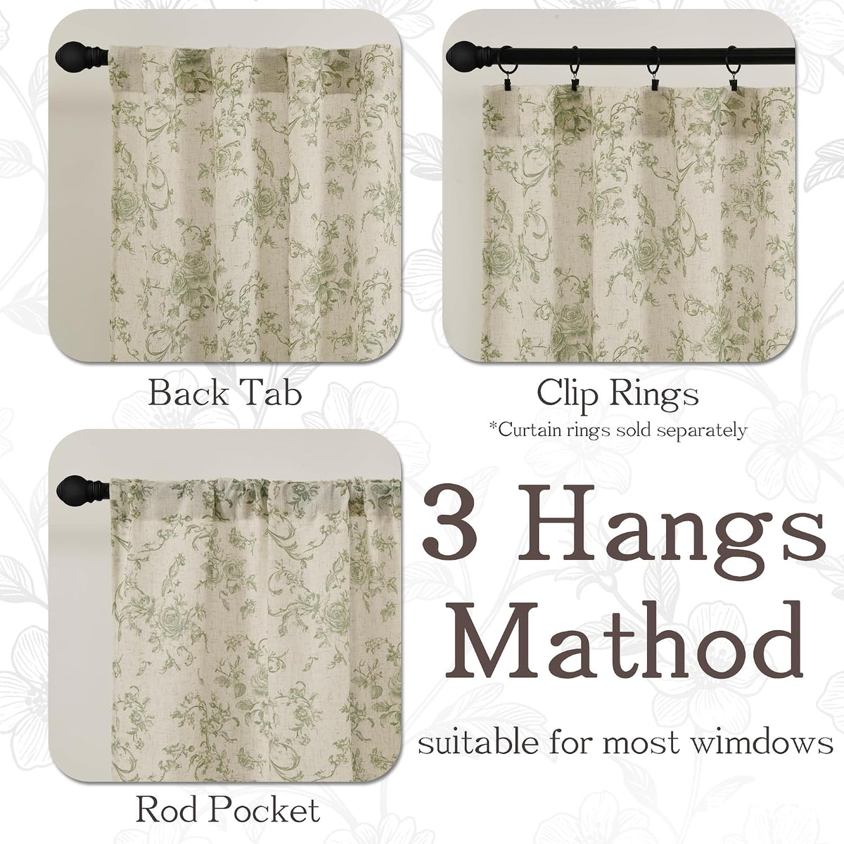 XWZO Linen Floral Curtains Green Flower Patterned Curtains for Living Room