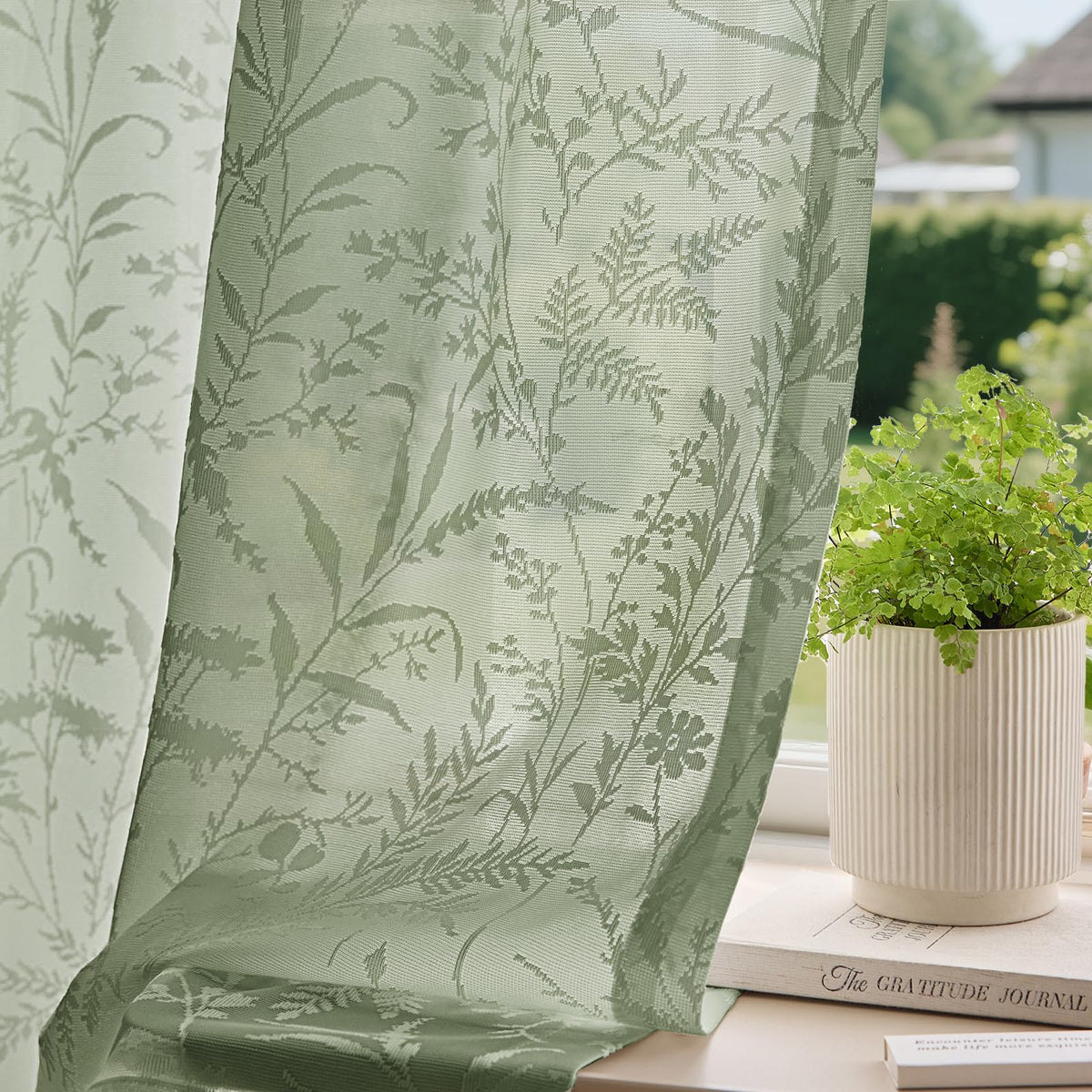 Anmao White Semi Sheer Light Filtering Curtains 84 Inches Long 2 Panels, Leaf Pattern Drapes for Living Room Bedroom, Rod Pocket Sheer Window Treatments with Floral Design, 52x84 Inch