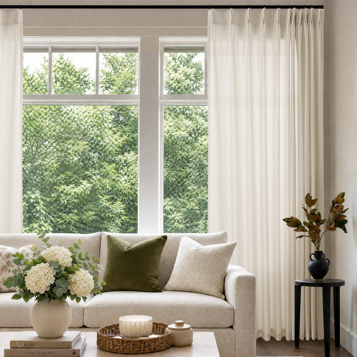 Cream 120 Inch Linen Curtains Pinch Pleated Extra Long Custom Made