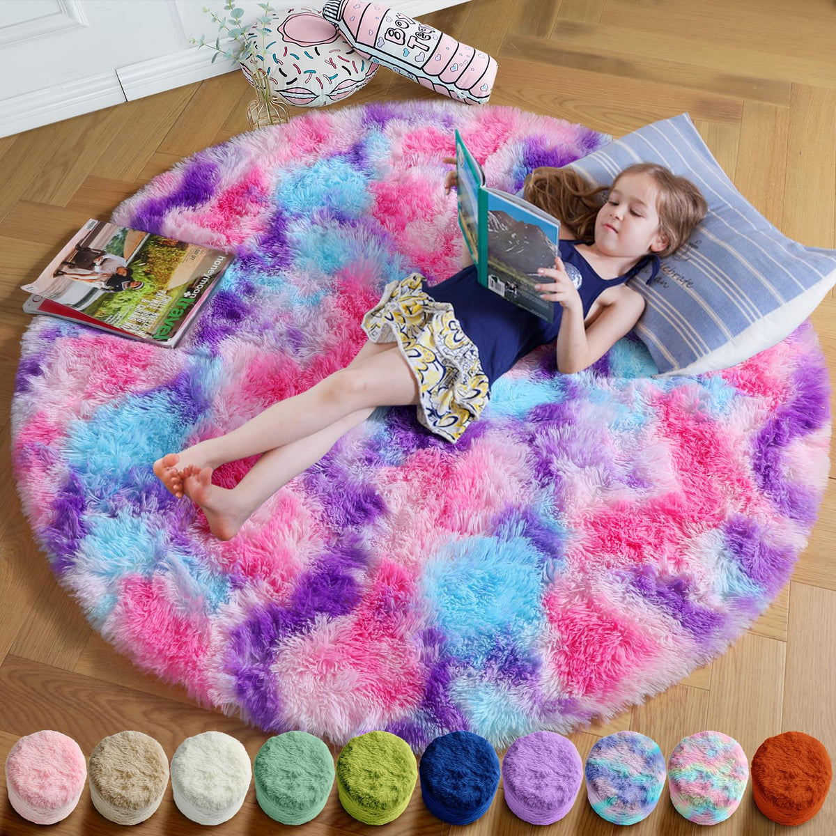 Amdrebio Pink Circle Round Fluffy Area Rug 4Ft for Girls Bedroom Kids Room
