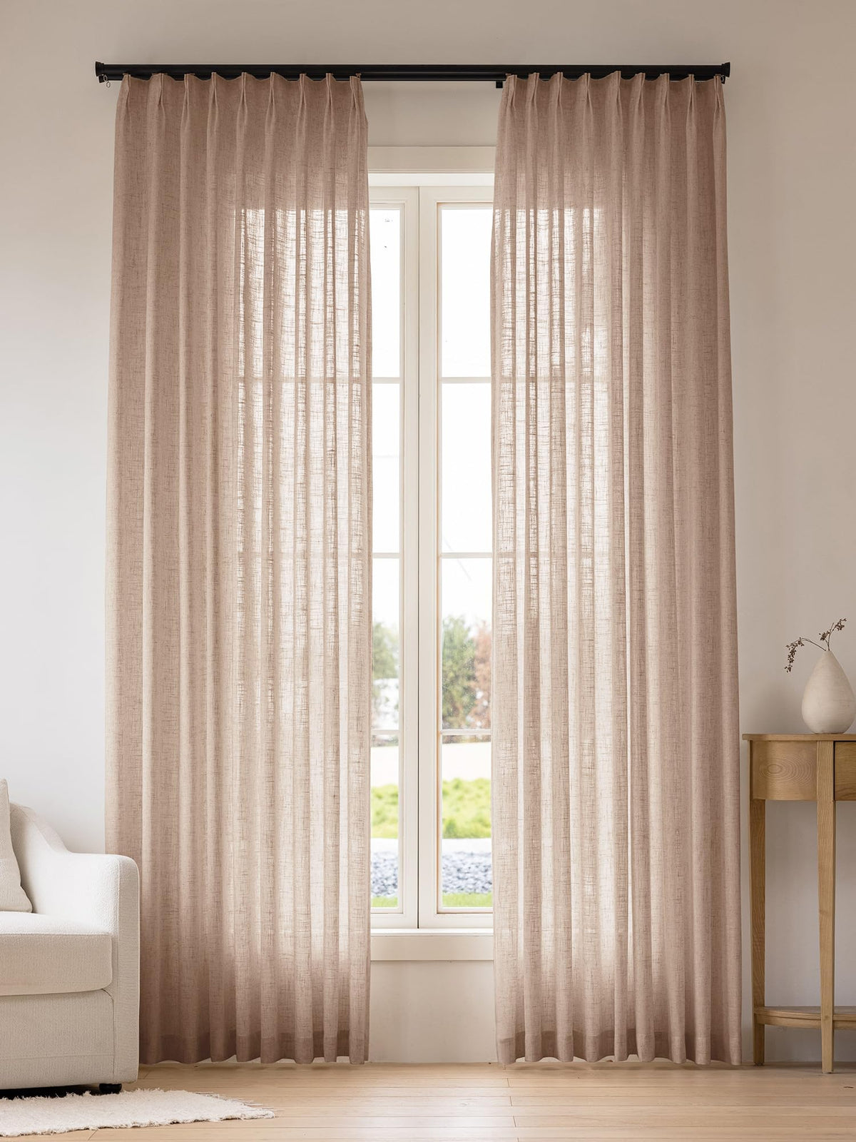 Liz Sheer Pinch Pleated Linen Curtains 102 Inches Long - Light Filtering Pleat Curtains for Living Room, Window Curtains for Bedroom, Luxury Pinch Pleated Drapes with Hooks, Natural, 2 Panels Set