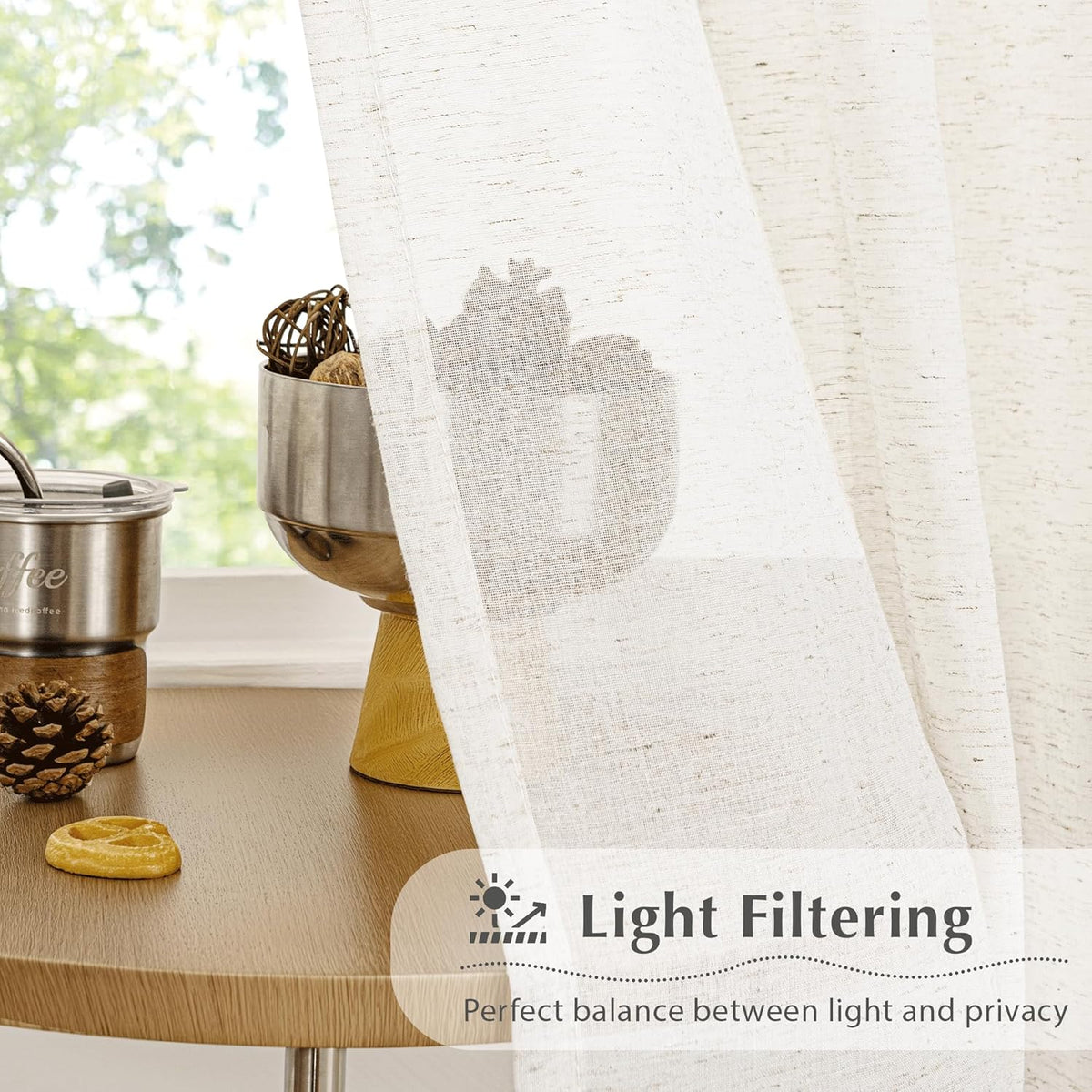 FMFUNCTEX Beige Linen Pinch Pleated Sheer Curtains, 96 Inches, 2 Panels