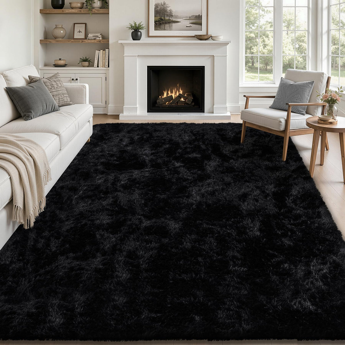 TENGTENGLINK 8x10 Fluffy Shag Area Rug Living Room Bedroom Washable Black