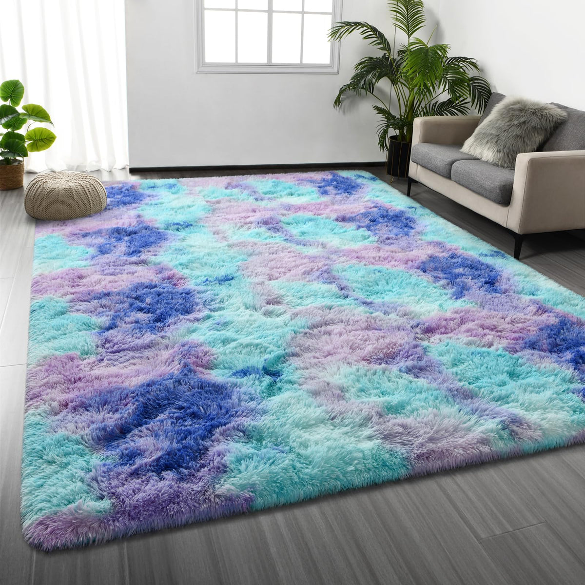 Deerhoo Large Shag Area Rugs 5 x 8, Tie-Dyed Plush Fuzzy Rugs, Light Grey