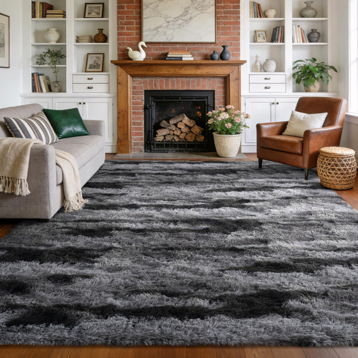 9x12 Extra Large Fluffy Area Rugs for Living Room Tie-Dyed Light Grey