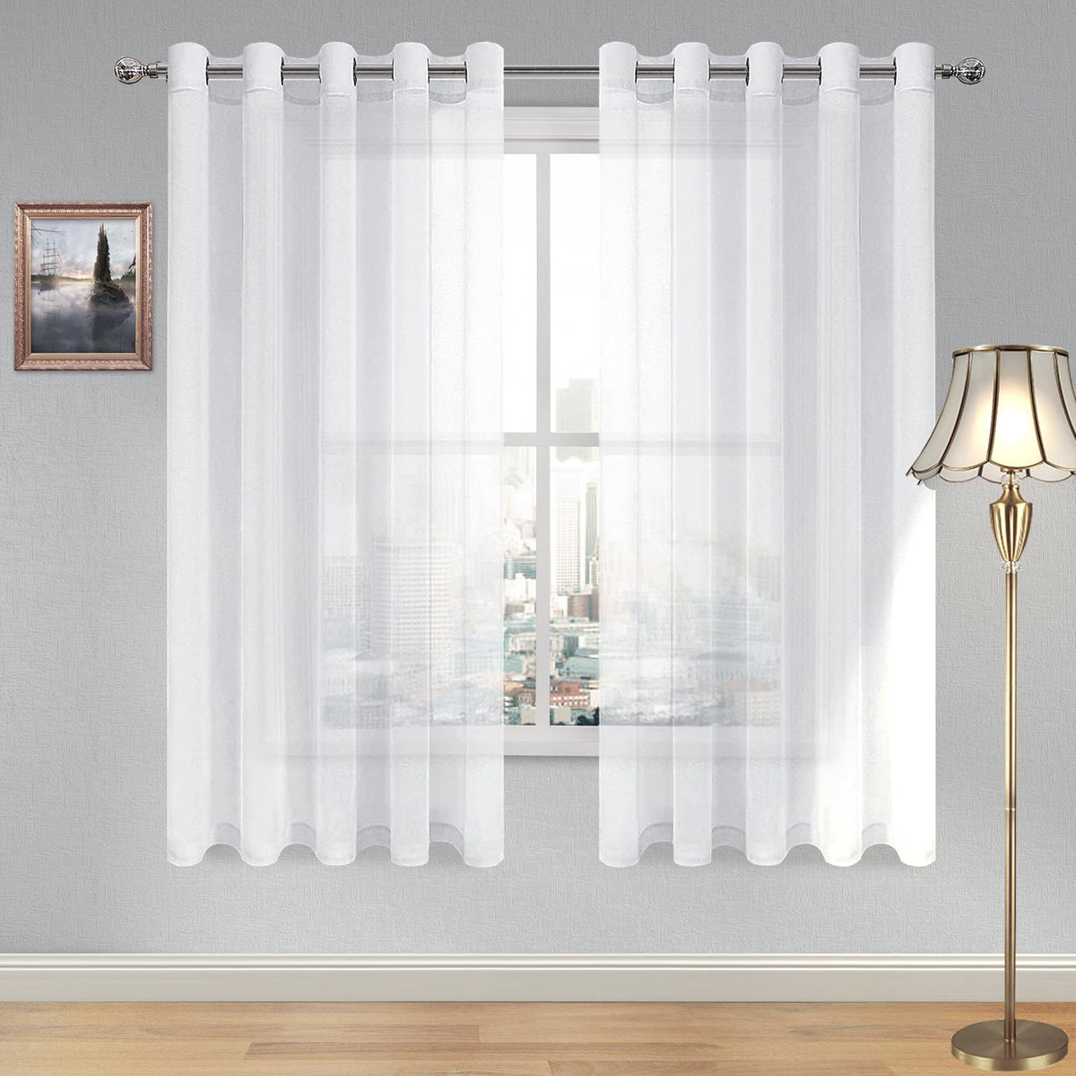 DWCN White Sheer Curtains Linen Look Semi Transparent Voile Grommet White Curtains for Living Dining Room Drapes 52 x 84 Inch Long, Set of 2 Panels