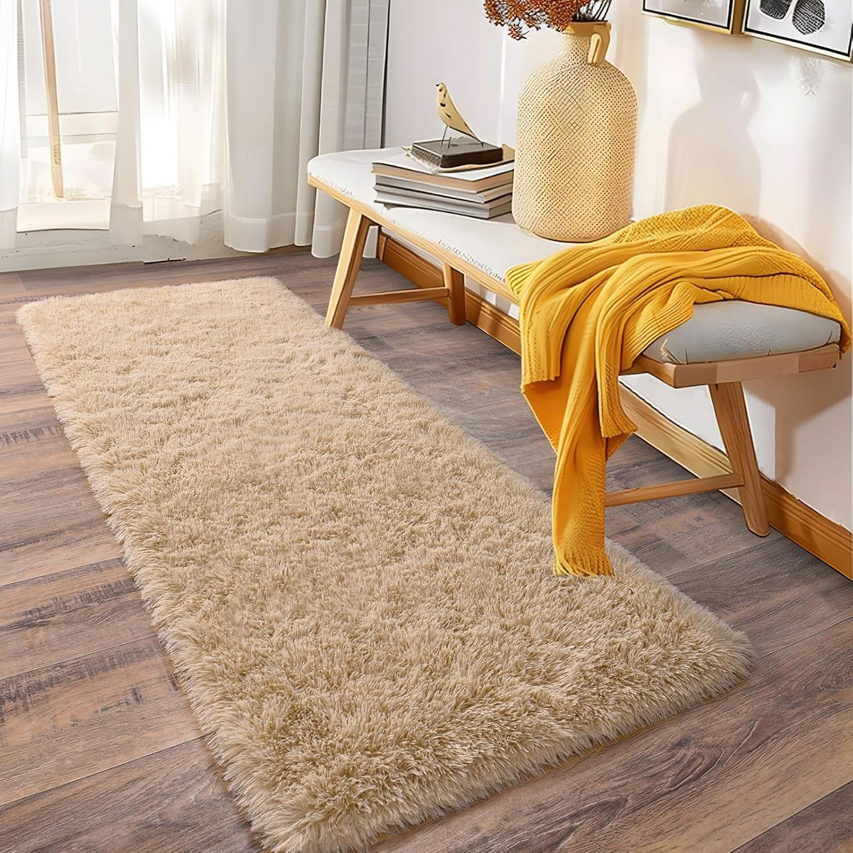 Soft Runner Rugs for Bedroom Hallway 2x6 Beige Fluffy Shag Washable