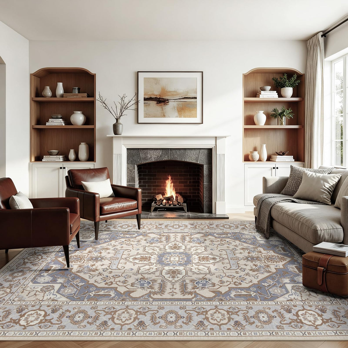 Joydeco Boho Washable Abstract Beige 5x7 Area Rugs for Living Room Bedroom