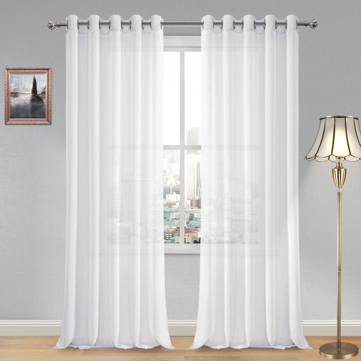 DWCN White Sheer Curtains Linen Look Semi Transparent Voile Grommet White Curtains for Living Dining Room Drapes 52 x 84 Inch Long, Set of 2 Panels