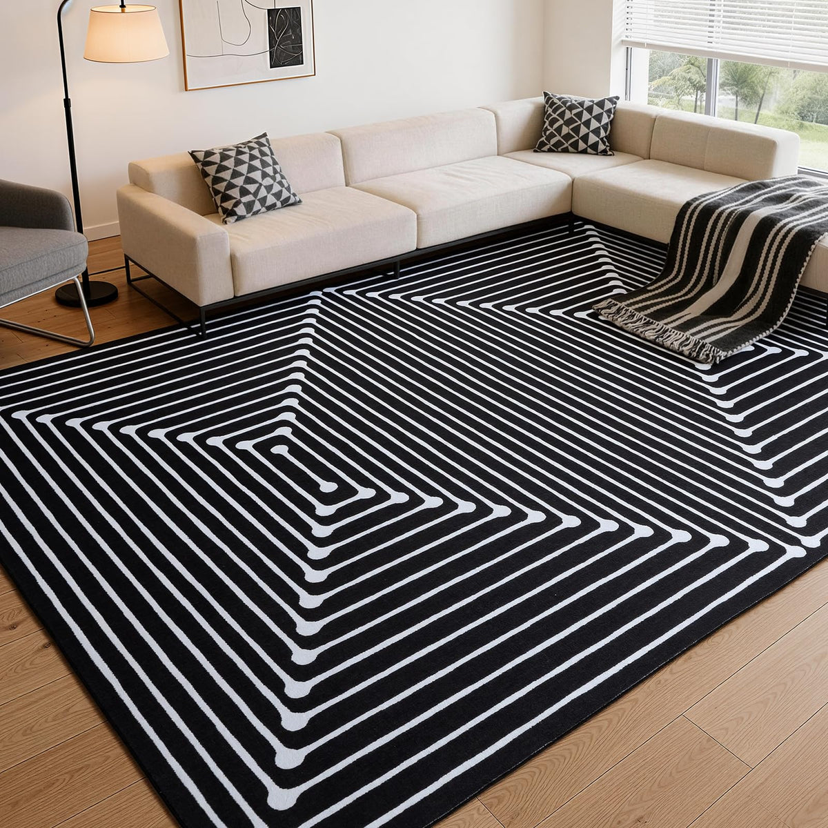 YIHOUSE Washable 5x7 Area Rugs for Living Room, Black and White Striped Rug for Bedroom Playroom Non Slip Low Pile, Soft Modern Geometric Carpet for Entryway Home Office Decor