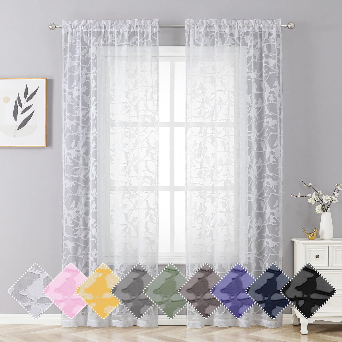 OVZME Sage Green Sheer Curtains 63 Inch Length 2 Panel Set, Light Filtering Bedroom Curtains with Dual Rod Pocket Top, Leaf Bird Clip Jacquard Sheer Farmhouse Window Drapes for Living Room, 2x38Wx63L