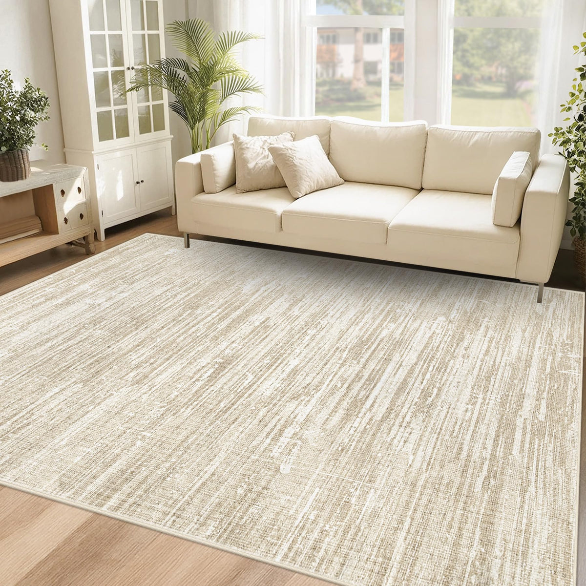 Living Room Rugs 8x10: Washable Moroccan Geometric Boho Rug Farmhouse Non Slip Stain Resistant Large Rug Low Pile Soft Carpet for Bedroom Dining Room Children Room (Beige,8'x10')