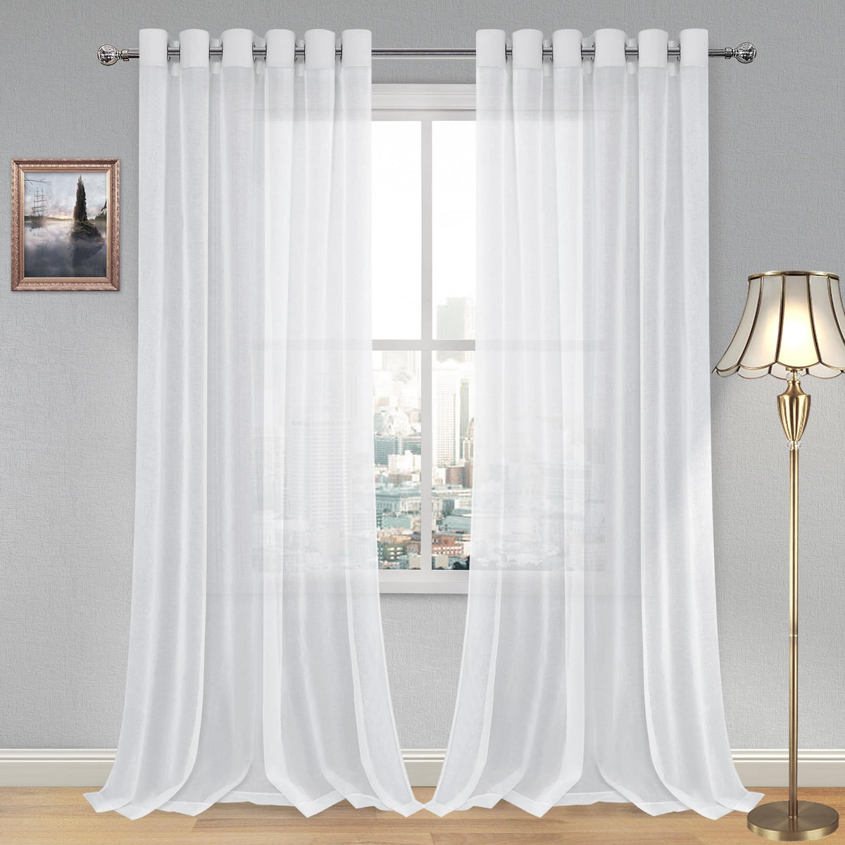 DWCN White Sheer Curtains Linen Look Semi Transparent Voile Grommet White Curtains for Living Dining Room Drapes 52 x 84 Inch Long, Set of 2 Panels