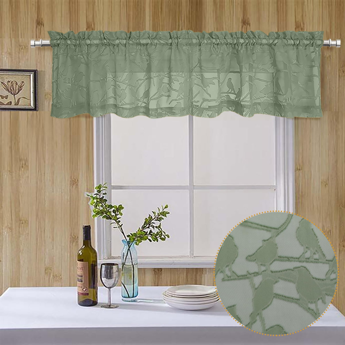 OVZME Sage Green Sheer Curtains 63 Inch Length 2 Panel Set, Light Filtering Bedroom Curtains with Dual Rod Pocket Top, Leaf Bird Clip Jacquard Sheer Farmhouse Window Drapes for Living Room, 2x38Wx63L