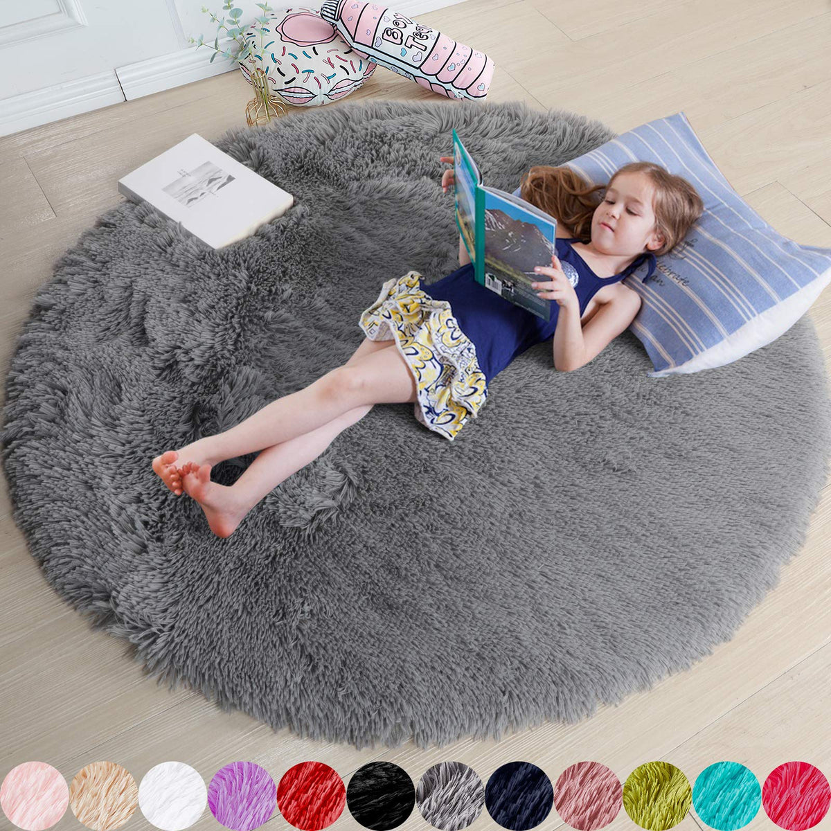 Amdrebio Pink Circle Round Fluffy Area Rug 4Ft for Girls Bedroom Kids Room