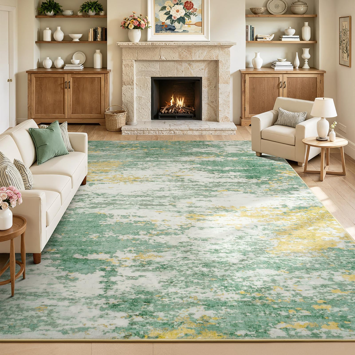 8x10 Area Rug for Living Room, Abstract Washable Non-Slip Large Rugs, Gold