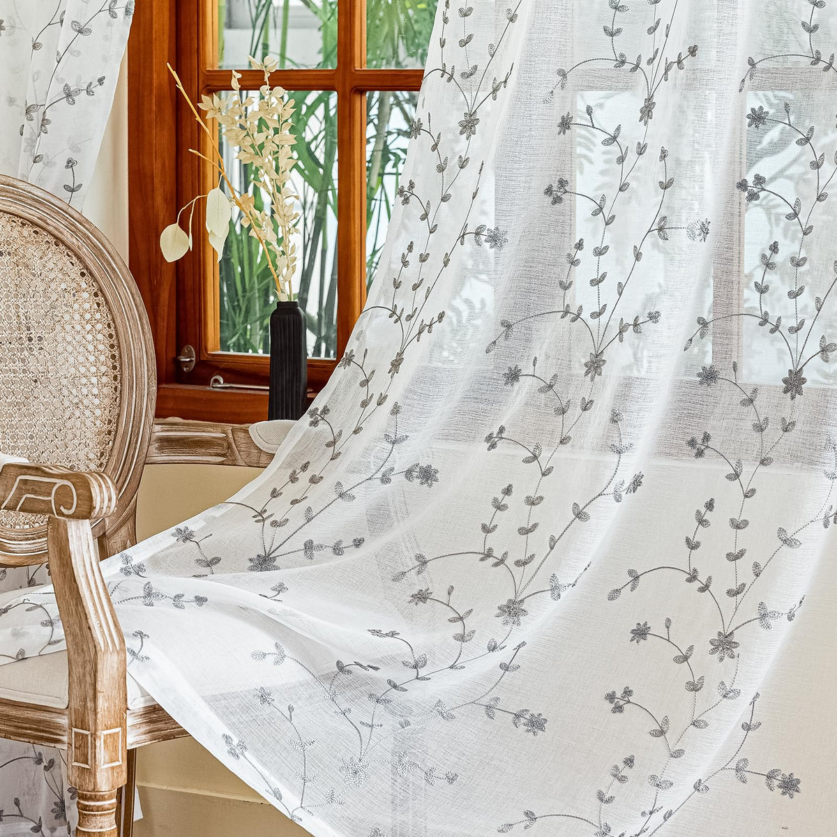 AmHoo 2 Panels Leaf Flora Embroidered Farmhouse Semi Sheer Curtain Voile Curtains for Living Room Bedroom Window Treatment White Sage Green 53 x 84 Inch