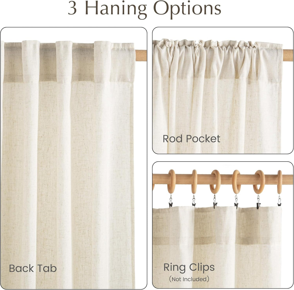 NICETOWN Natural Linen Curtains & Drapes for Windows 84 inch Long, Rod Pocket & Back Tab Thick Flax Semi Sheer Privacy Assured with Light Filtering for Bedroom/Living Room, W55 x L84, 2 Pieces