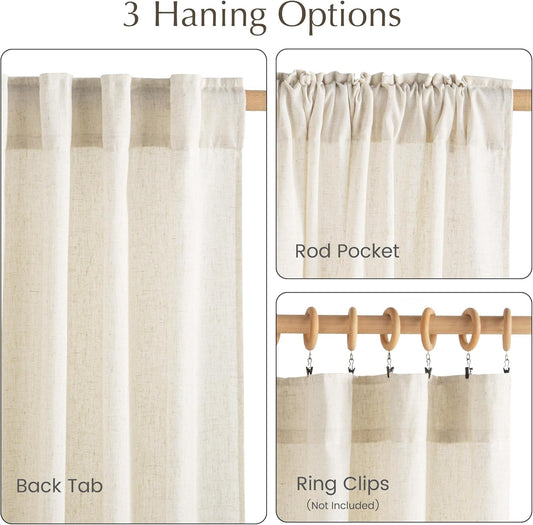 NICETOWN Natural Linen Curtains & Drapes for Windows 84 inch Long, Rod Pocket & Back Tab Thick Flax Semi Sheer Privacy Assured with Light Filtering for Bedroom/Living Room, W55 x L84, 2 Pieces