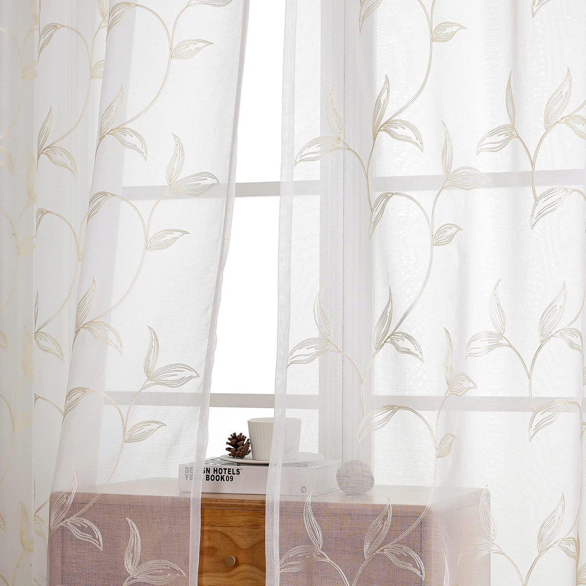 VISIONTEX Sheer Curtains Boho Leaf Floral Embroidered Cream Beige 54Wx84L