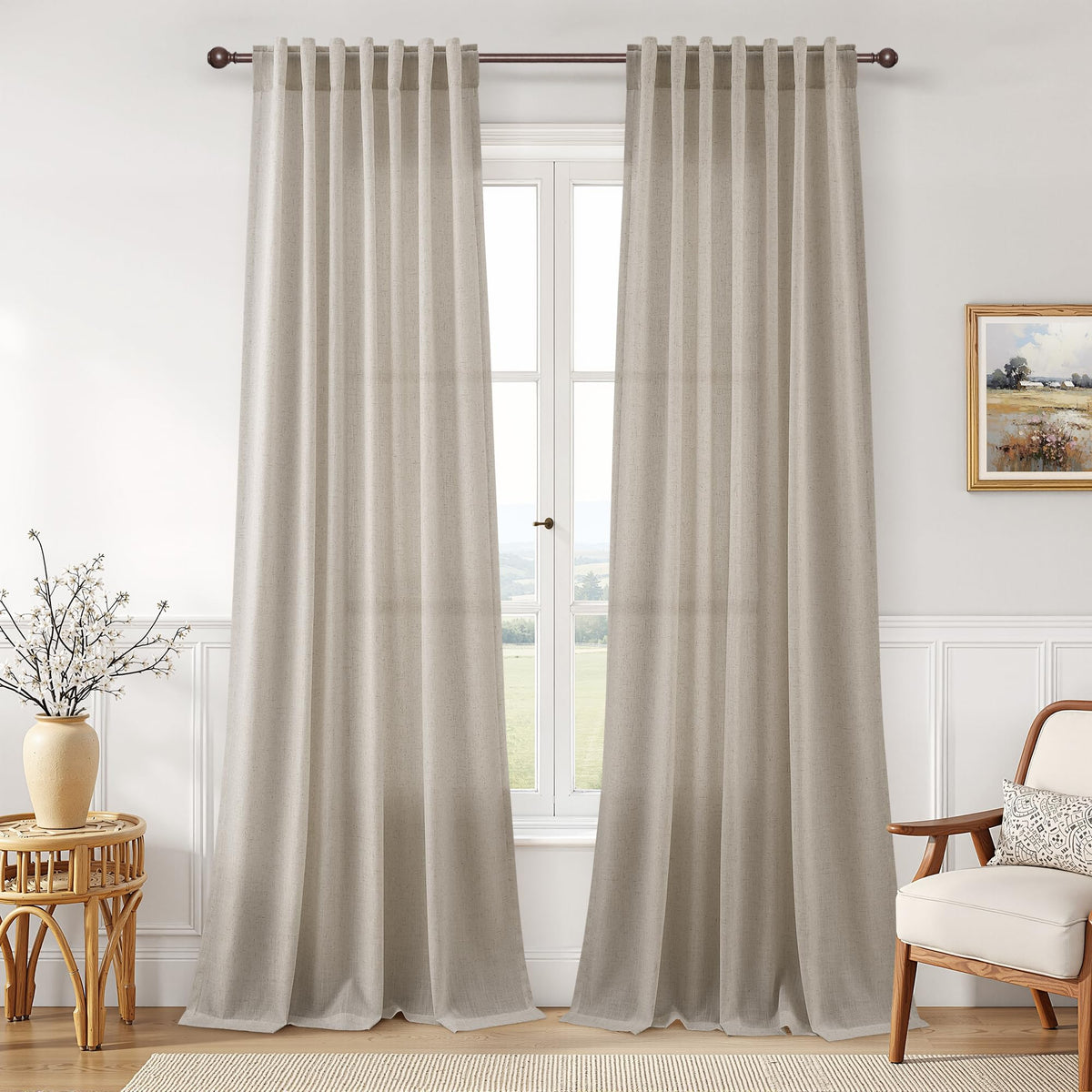 Joywell Linen Sheer Curtains 84 Inches Long for Living Room Beige Cream