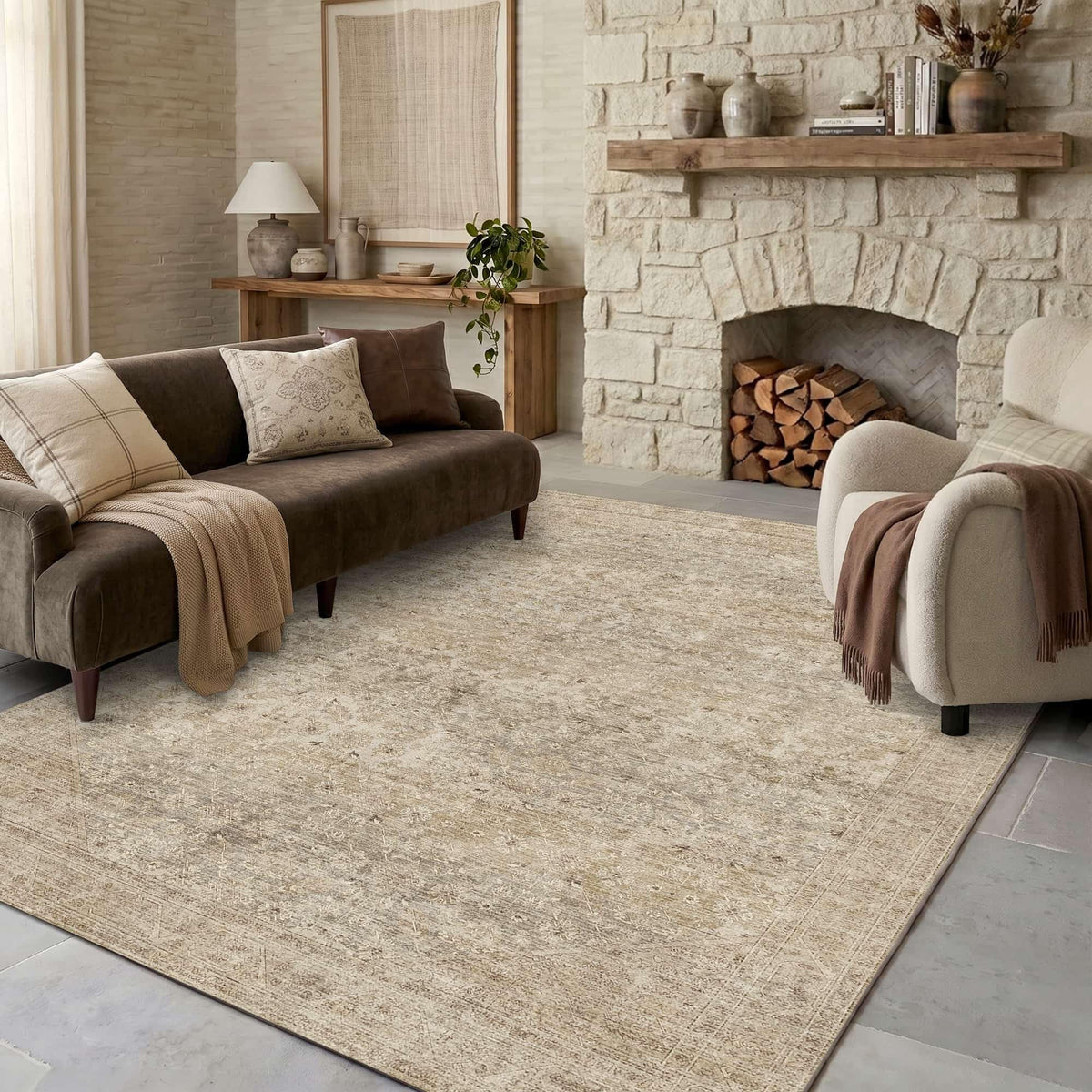 8x10 Washable Boho Area Rug, Dark Beige Farmhouse for Living Room