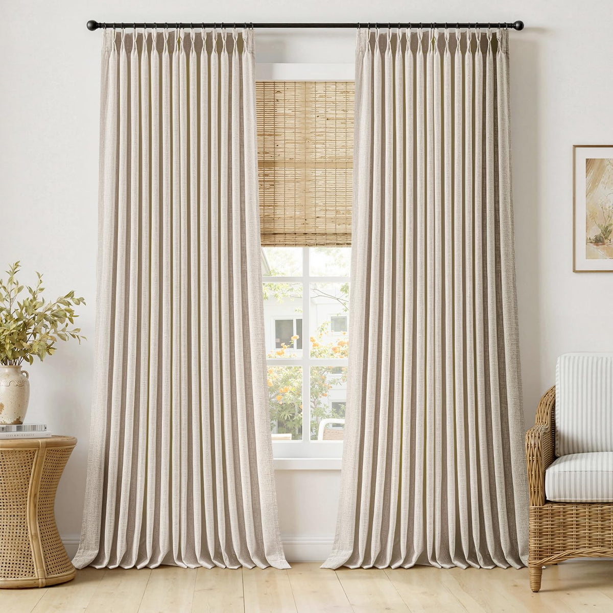 MIULEE Pinch Pleated Thick Linen Curtains 96 Inches Burlap Brown Curtains
