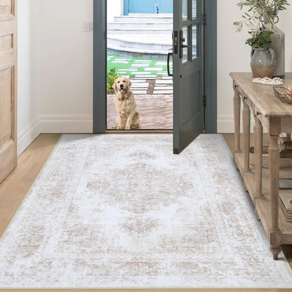 XLUEZ Area Rug 8x10 Living Room Rug, Machine Washable Vintage Distressed Medallion Rug Non-Slip Soft Low Pile Large Indoor Rugs for Bedroom Dining Room Office Children's Room (Beige,8'x10')