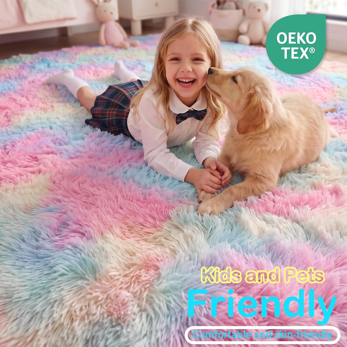 Rainbow Area Rugs for Girls Bedroom Fluffy Soft Vibrant Rugs Kids Playroom