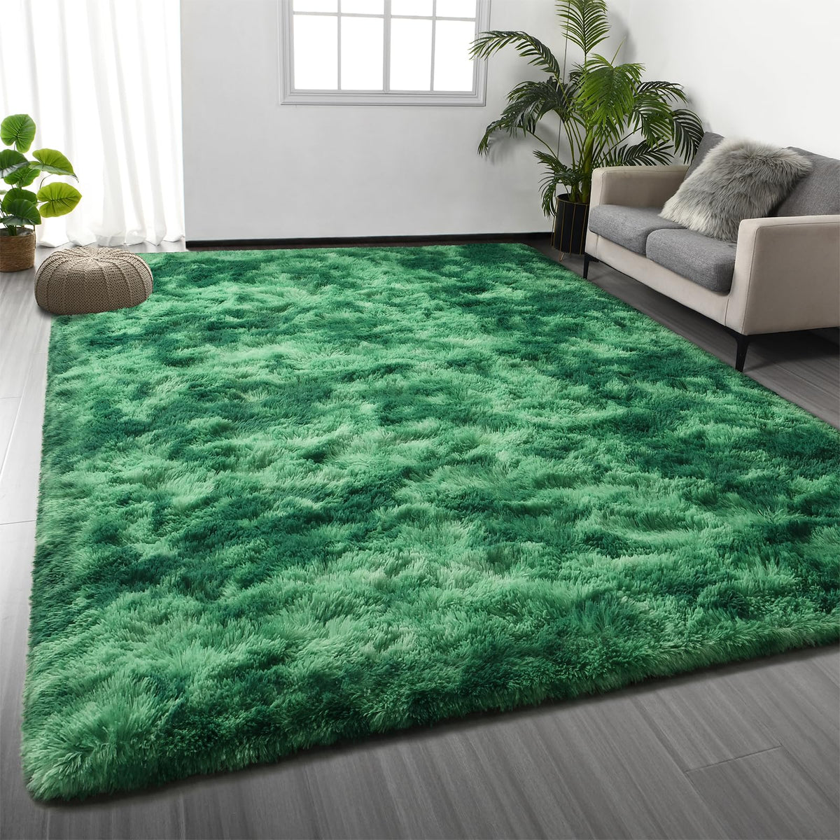 Deerhoo Large Shag Area Rugs 5 x 8, Tie-Dyed Plush Fuzzy Rugs, Light Grey