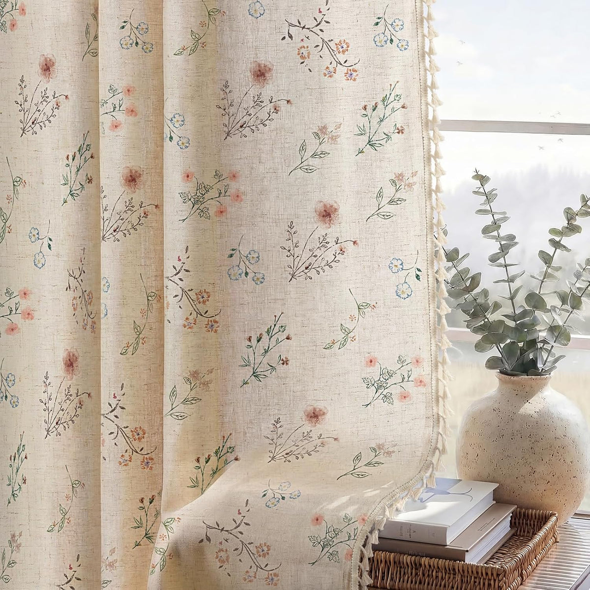 Boho Floral Light Filtering Curtains 84 Inch 2 Panels Linen Texture