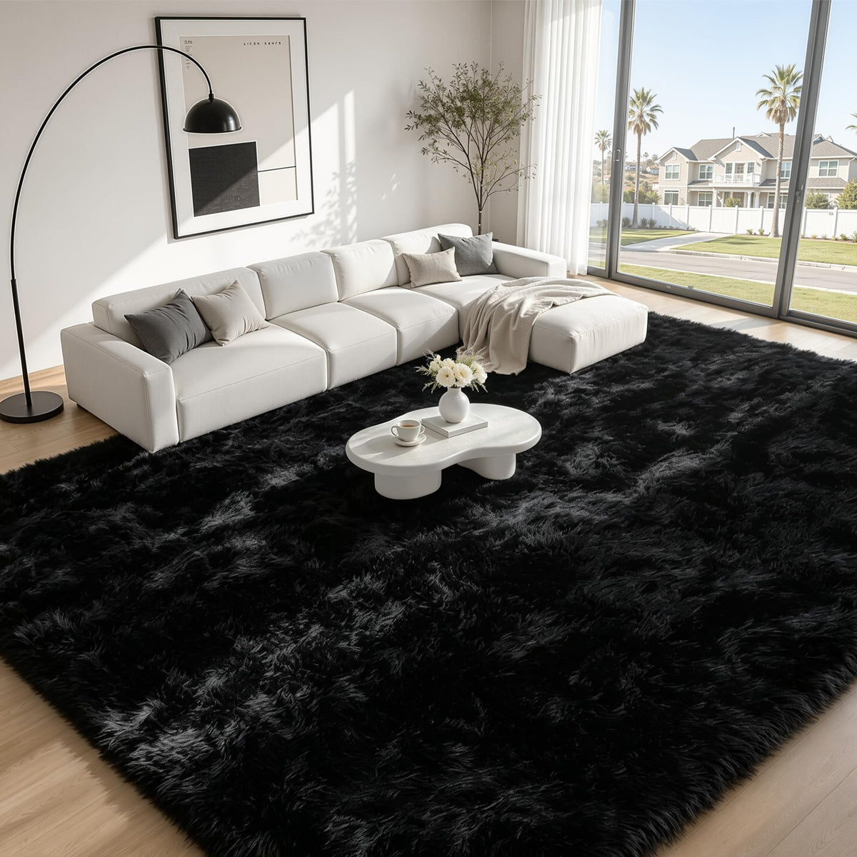 TENGTENGLINK 8x10 Fluffy Shag Area Rug Living Room Bedroom Washable Black