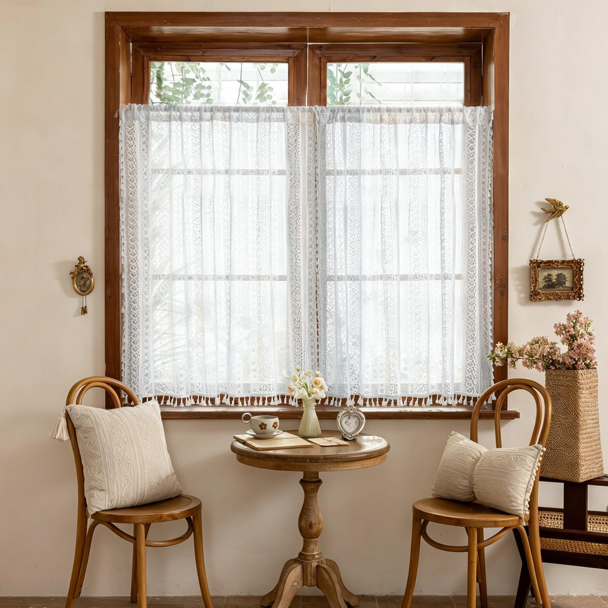 Sutuo Home Terracotta Boho Lace Curtains 2 Panels 84 Inches Long for Living Room&Bedroom, Burnt Orange Crochet Privacy Farmhouse Vintage Tassels Retro Halloween Window Sheer Curtains Rod Pocket,50" W