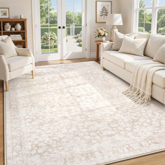 5x7 Area Rugs for Living Room: Boho Vintage Washable Rug Non-Slip Soft Stain Repellent Area Rugs Indoor Low-Pile Carpet for Bedroom Nursery Office Dining Room Playroom Farmhouse (Beige, 5'x7')
