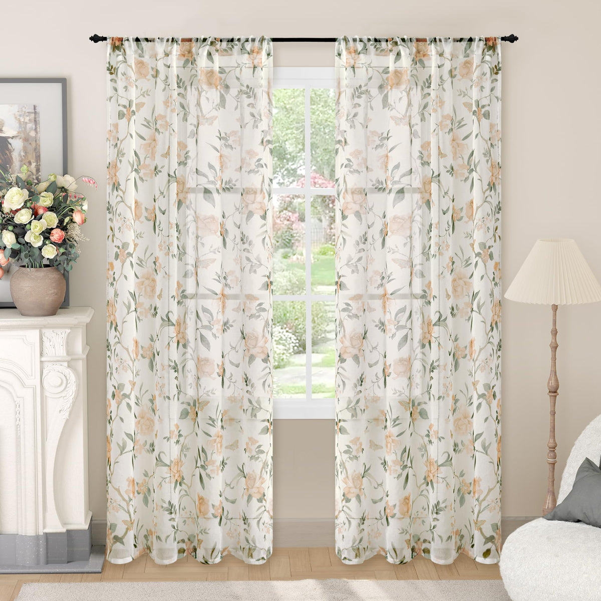 Lajode Pink Floral Sheer Curtains for Girls Room - 52x84 Inch 2 Panels