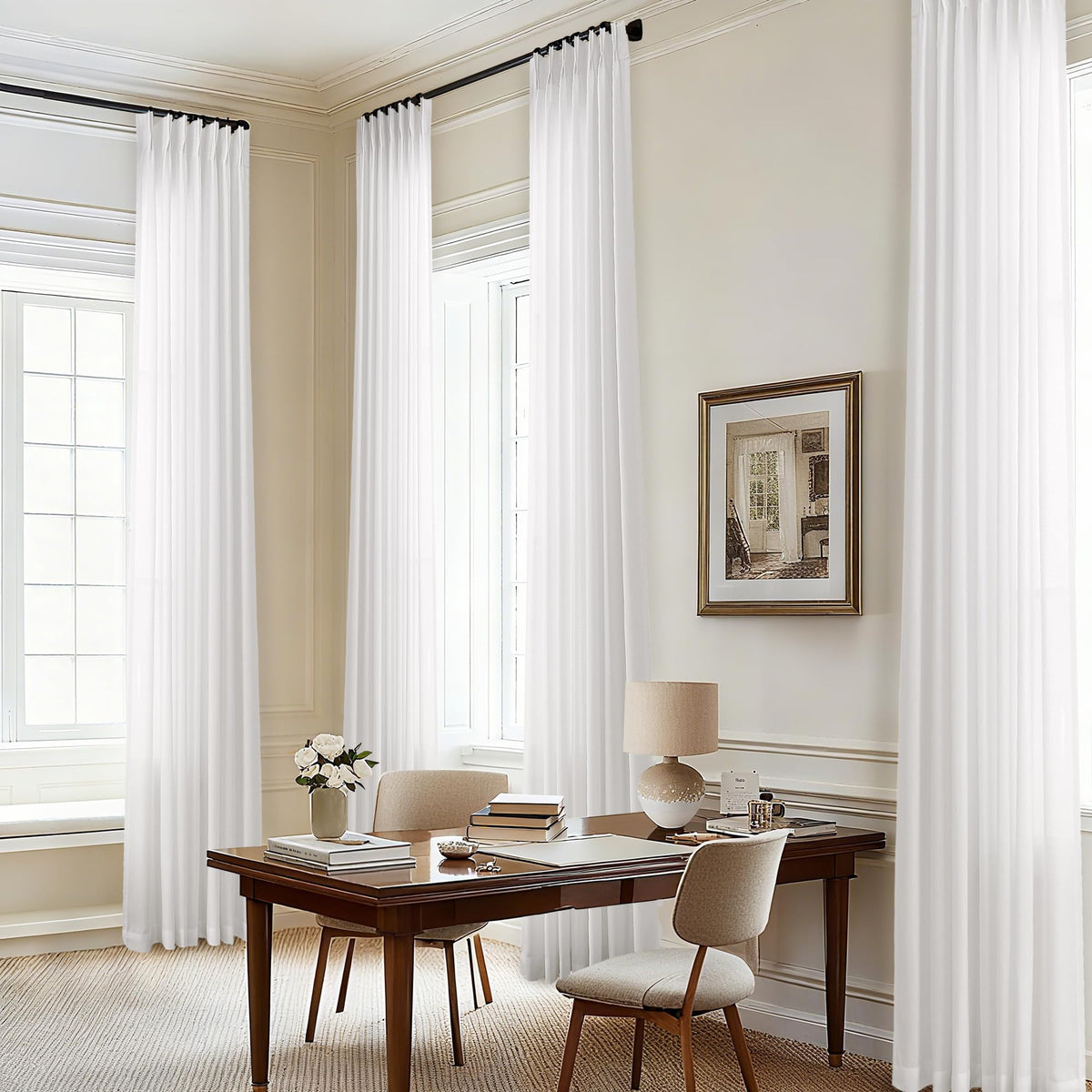 105 Inch Extra Long Curtains Linen Pinch Pleated Cream Semi Sheer