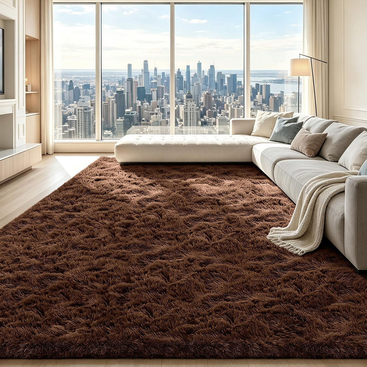 Beige 8x10 Area Rugs for Living Room, Fluffy Shag Rug Large Bedroom Carpet