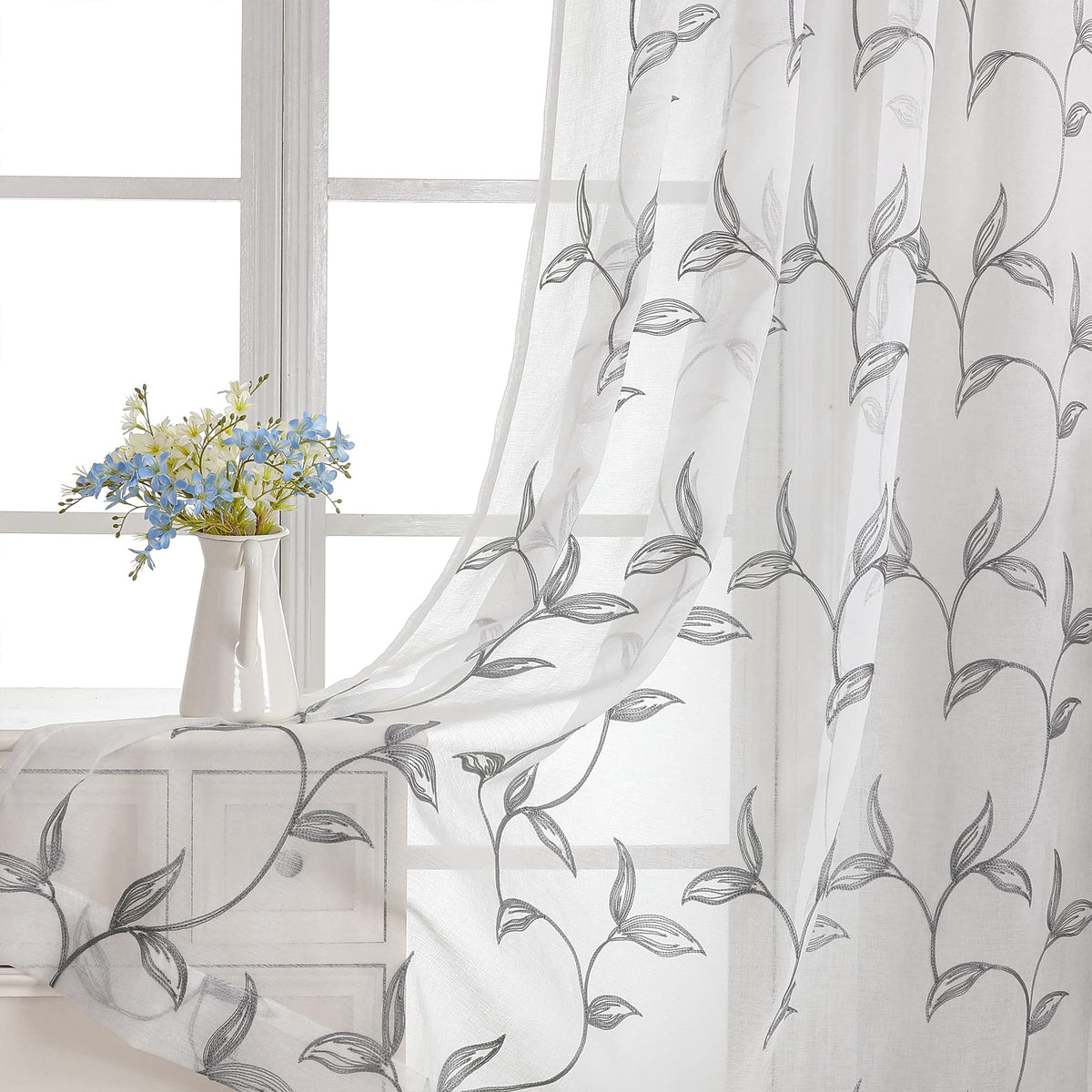 VISIONTEX Sheer Curtains Boho Leaf Floral Embroidered Cream Beige 54Wx84L