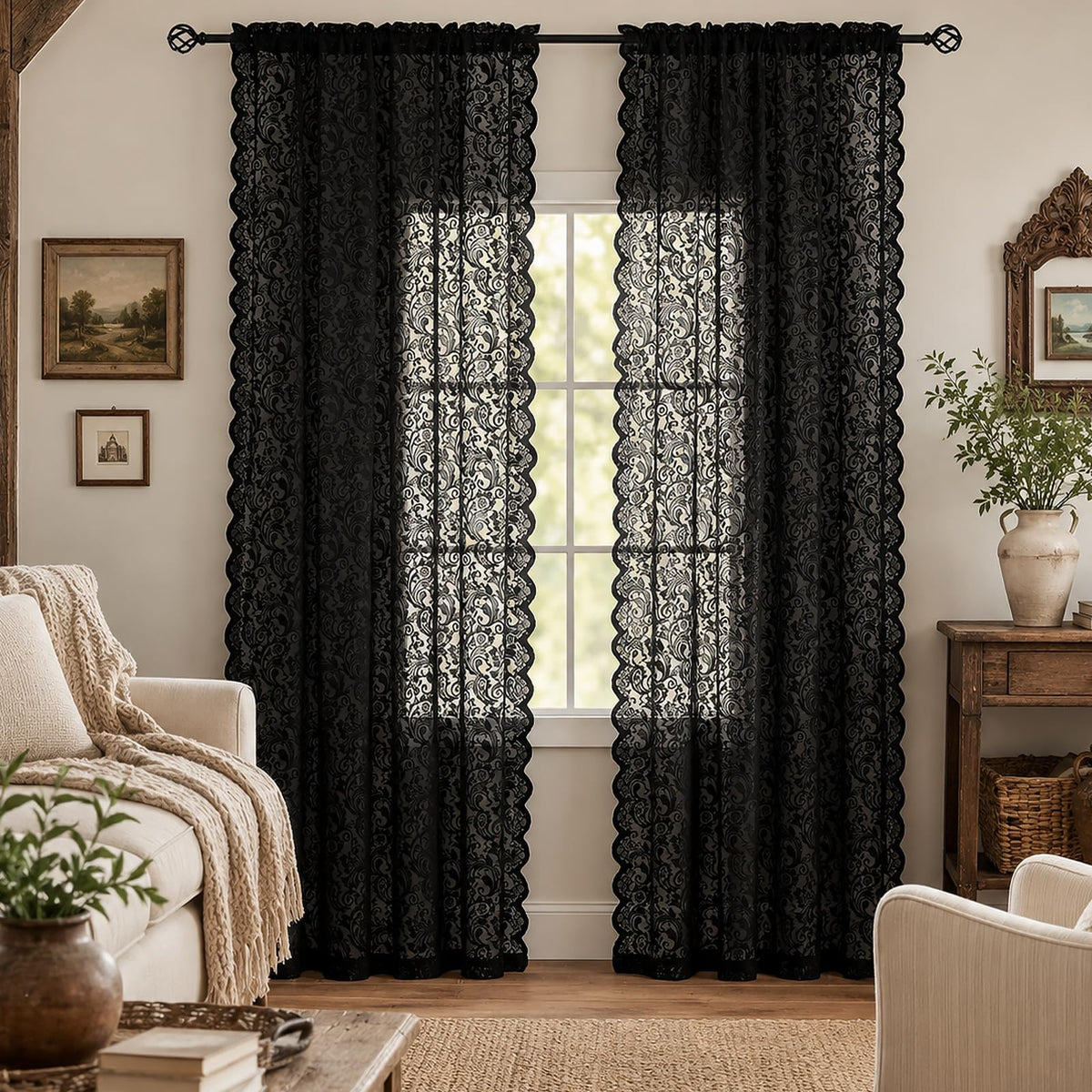 ALIGOGO Black Lace Curtains for Bedroom, Gothic Style, 52W x 63L Inch