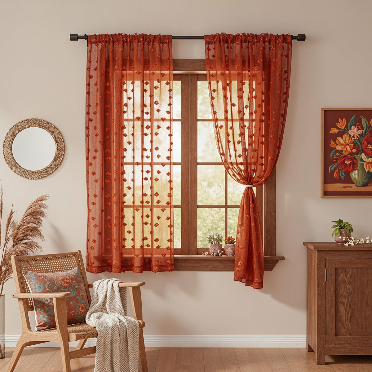 MYSKY HOME Beige Boho Sheer Curtains with Cream Pom Pom 50Wx84L,2 Panels