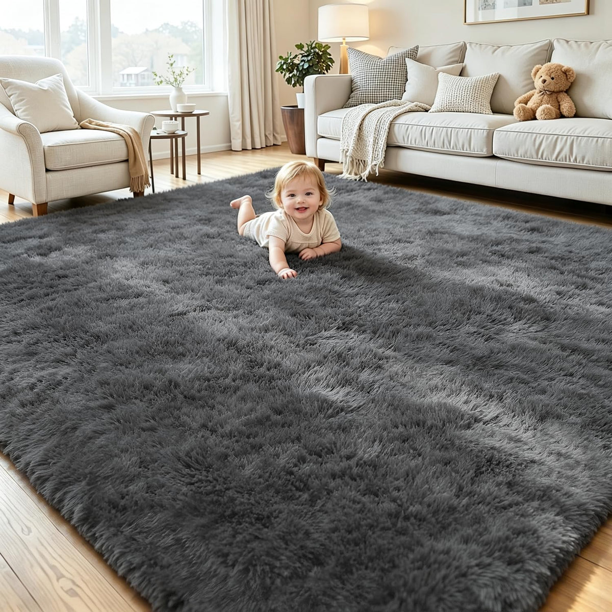 8x10 Black Area Rug for Living Room Bedroom, Soft Fluffy Fuzzy Fur Shag Rug